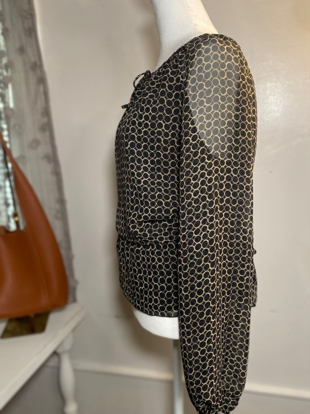 Style & Co Black Beige Geometric Blouse 1X Sheer Balloon Sleeve Top - Picture 3 of 8